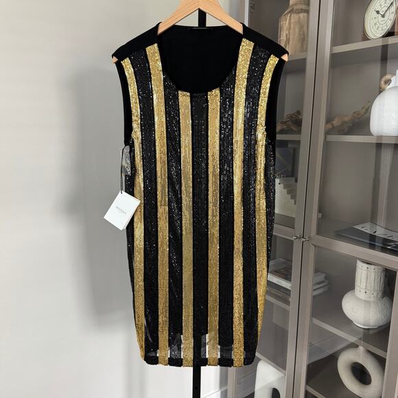Balmain Black Jersey Knit Gold Black Paillette Embellished Mini Dress 38 NEW - Picture 1 of 6